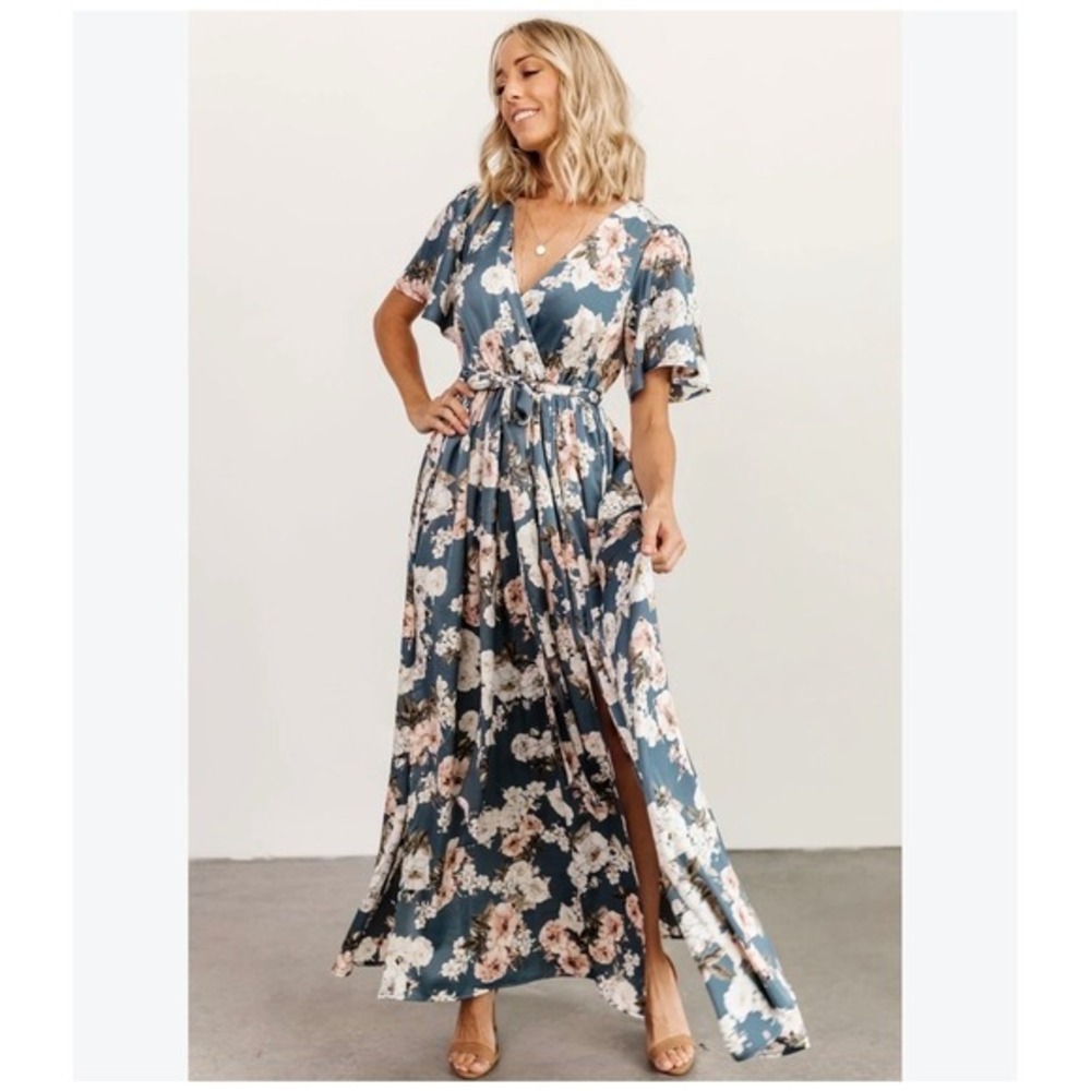 Baltic Born Dusty Blue Floral Maxi Dress V-Neck Flutter Sleeve Wedding Guest M